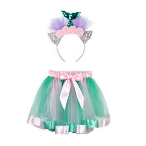 Mermaid Costume 5-8 Yrs Pink & Teal Tutu with Mermaid Tail Sequin Headband